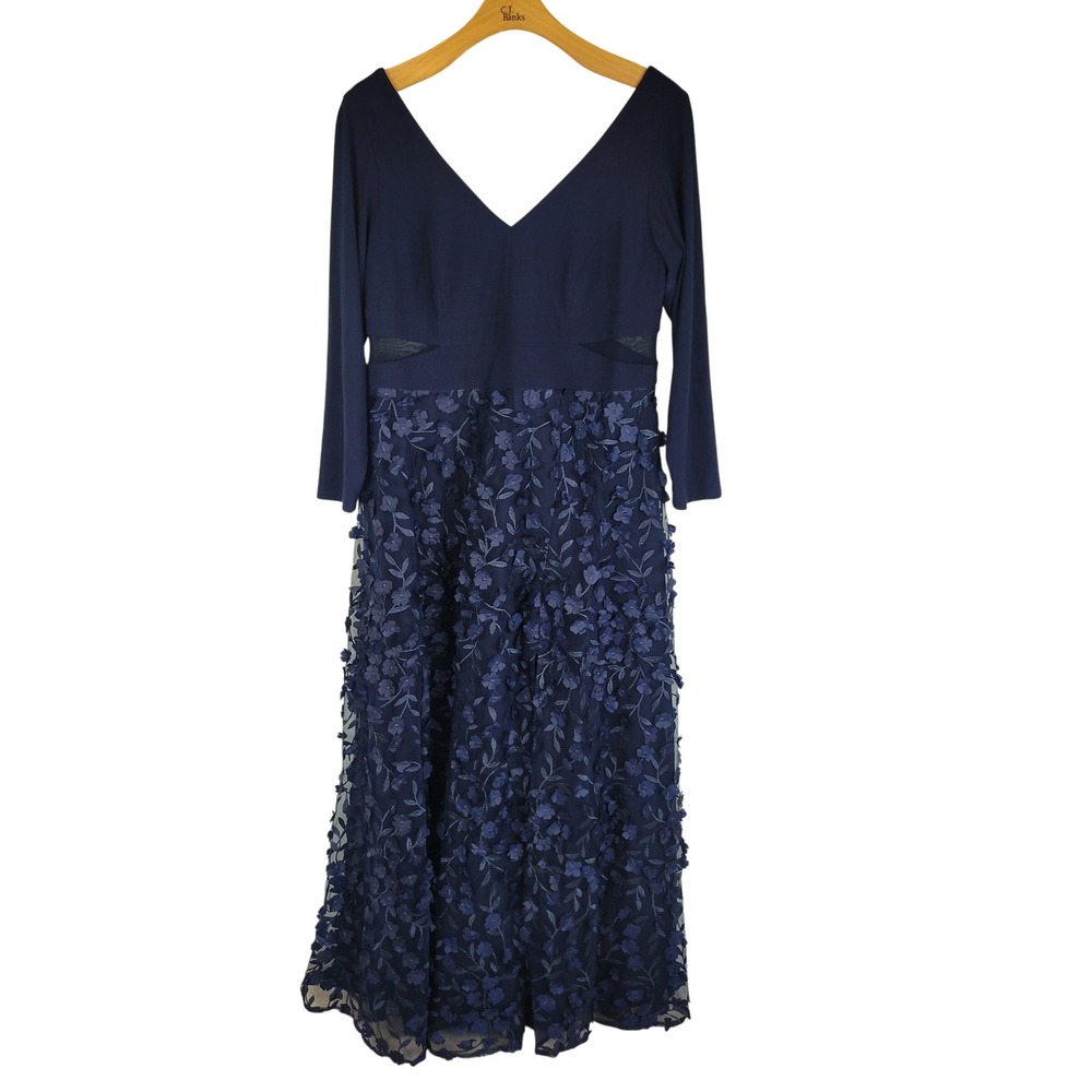 NEW Xscape Aurora V-Neck Long Sleeve Raised Flower Slit Dress Navy Blue Size 14W
